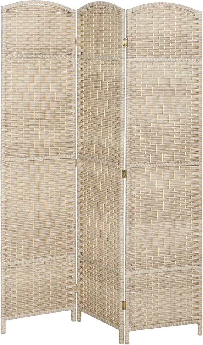 HOMCOM 3 Panel Room Divider, 6' Tall Folding Privacy Screen, Hand-Woven Freestanding Wall Partition for Home Office, Bedroom, Washed Oak