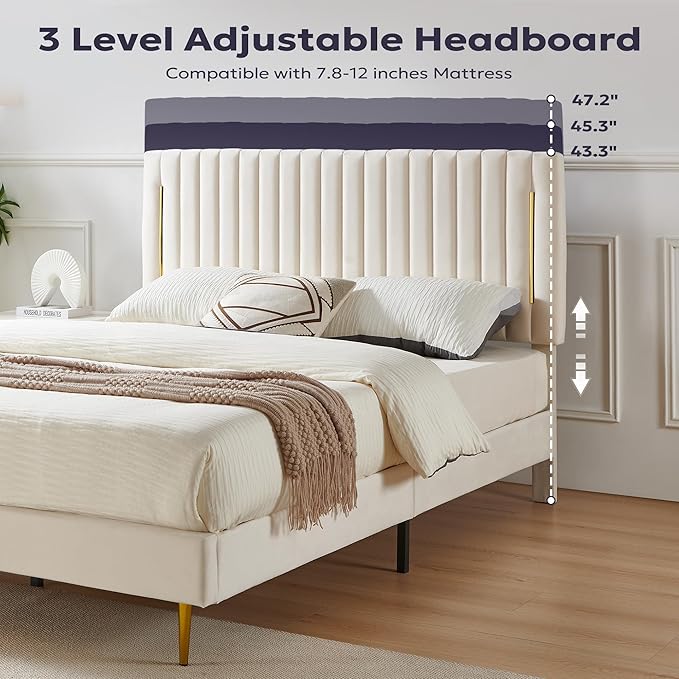 Full Platform Bed Frame, Velvet Upholstered Bedframe with Vertical Channel Adjustable Headboard, Golden Plating Trim, Mattress Foundation with Wooden Slats, No Box Spring Needed, Beige