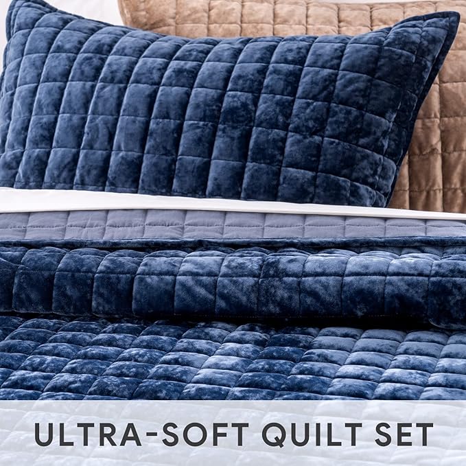 RECYCO Luxury Velvet Quilt Set Twin/Twin XL Size, Lightweight Velvet Comforter Set, Oversized Bedspread Coverlet Quilted Bedding Set, with 1 Matching Pillow Sham, for All Season, Navy Blue