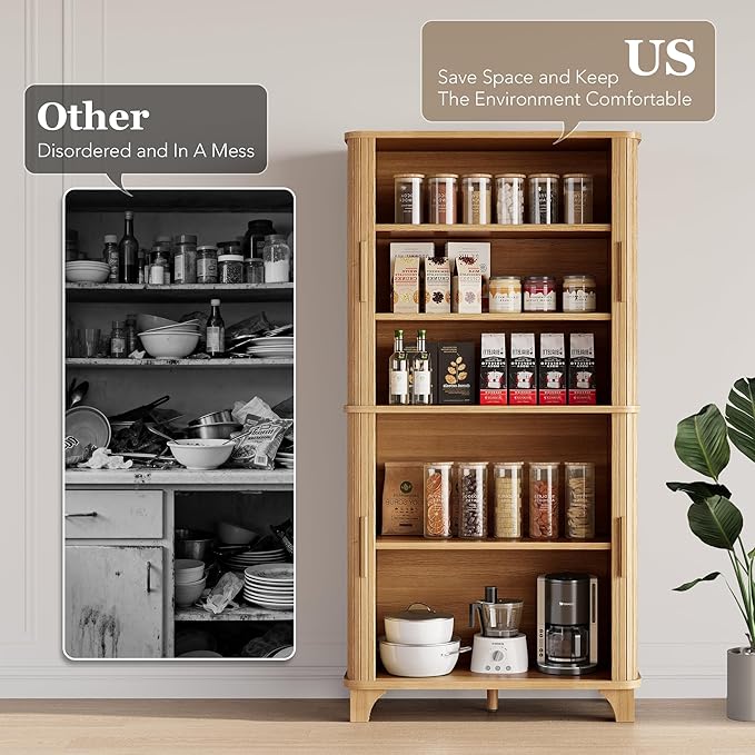 69" Tall Kitchen Pantry Storage Cabinet with Sliding Door, Modern Curved Edge Pantry Storage Cabinet with 5 Shelves, Cupboard for The Kitchen, Dining Room, Bedroom, Living Room, Office (Oak)
