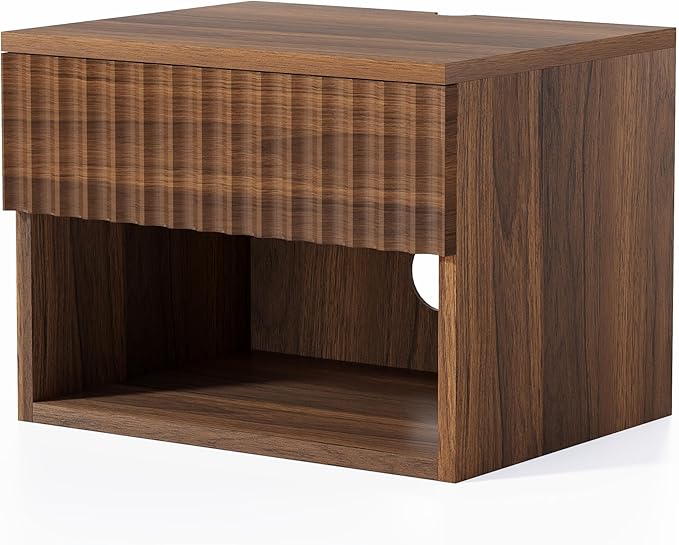 Floating Nightstand Set of 2 with Drawer, Fluted Modern Night Stand with Fluted Door and Open Storage Shelf Wall Mounted Bedside Table for Bedroom, Entryway Brown