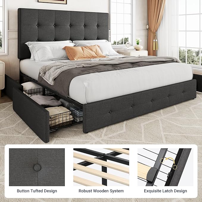 Allewie Upholstered Full Size Platform Bed Frame with 4 Storage Drawers and Headboard, Square Stitched Button Tufted, Mattress Foundation with Wooden Slats Support, No Box Spring Needed, Dark Grey