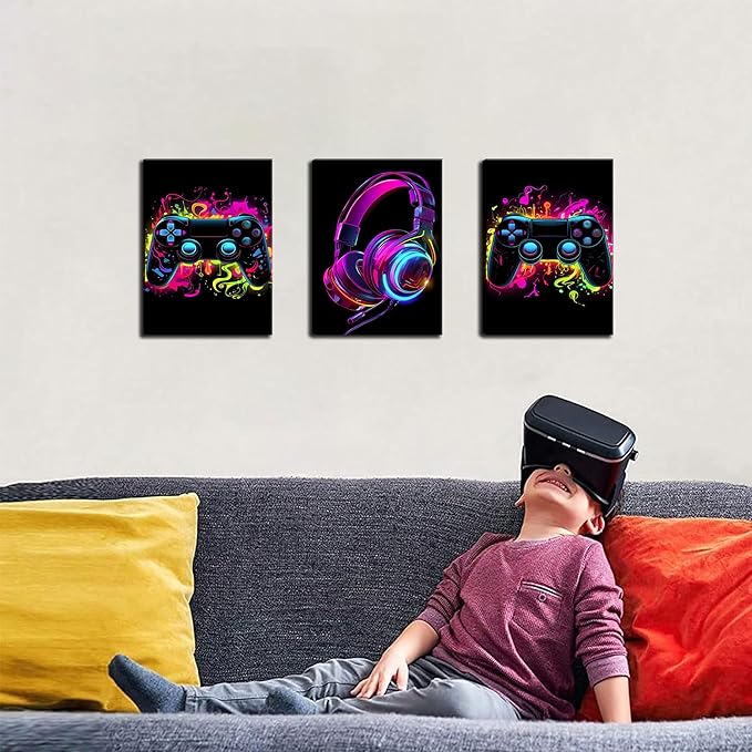 BGFCE Game Room Decor Set of 3, Neon Gaming Video Game Room Wall Art, Gaming Canvas Paintings Posters Prints for Teen Boys Room Children Teen Wall Decor Framed 12x16 in