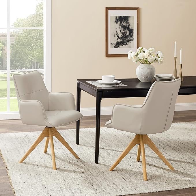 Art Leon Mid Century Modern Desk Chair - Genuine Leather Upholstered Office Chair No Wheels, Swivel Armchair with Oak Wood Legs for Small Space Living Room Bedroom, Set of 2, Off White