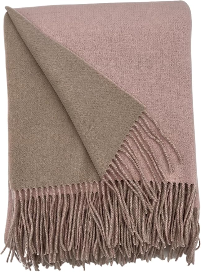 Alashan Cashmere Blend Double Faced Throw-Super Soft and Luxe Fabric- Perfect for Cozy Nights! 95% Merino Wool/5% Cashmere, 50" x 70", Great Gift Item. (Bisque & Pink Sand)