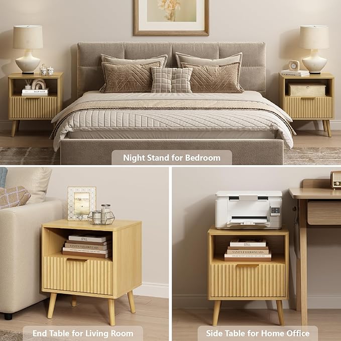 CARPETNAL Fluted Nightstand, Oak Bedside Table with Drawer and Storage Shelf, Wood End Table Mid Century Night Stands for Bedroom Living Room