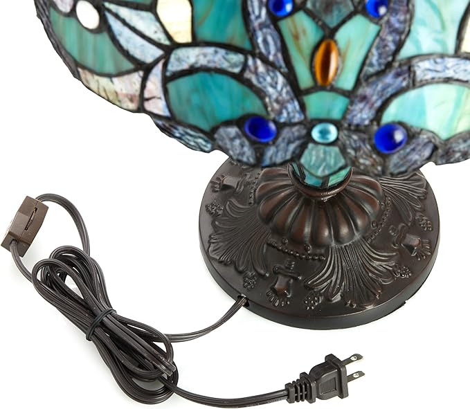 RIVER OF GOODS - Stained Glass Halston Double Lit Table Lamp - 20" H - Decorative Lamp for Bedroom - Bedside Lamp - Desk Lamps for Home Office - Tiffany Style - Green and Blue