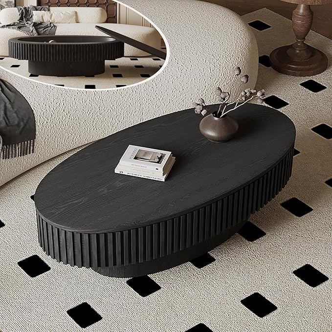 Oval Coffee Table with Storage, Modern Black Coffee Table with Solid Wood Veneered, Fluted Center Table Wood Drum Tea Table for Living Room Apartment, 47.2''L×23.6''W×14.2''H