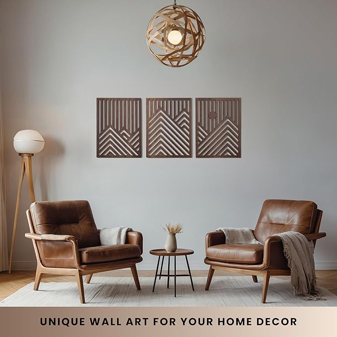 qmmp Modern Wooden Wall Sculptures - Set of 3 - Home Decor Accent - Large Wall Art for Living Room, Bedroom, Office - Easy Installation (Walnut, Medium - Mountain and Sun)