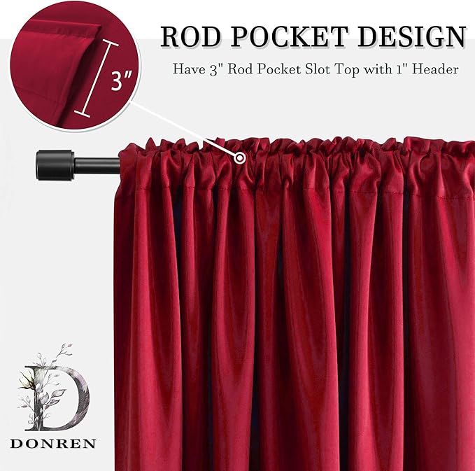 DONREN Backdrop 5FT x 9FT Curtains Panels - Energy Saving Thermal Insulated Solid Rod Pocket Blackout Draperies for Patio (1 Pair, 60 inches by 108 Inch Length,Red)