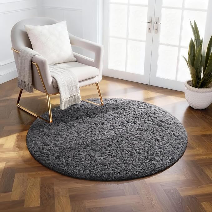 Ophanie Round Rug 2Ft Grey Circle Area Rug, Fluffy Fuzzy Bedroom Carpet, Plush Soft Shaggy Indoor Floor Gray Living Room Rugs for Kids Home Decor Aesthetic, Nursery
