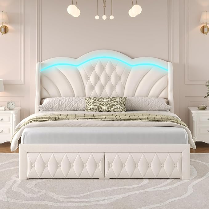 Keyluv King Bed Frame with LED Lights and 2 Storage Drawers, Velvet Upholstered Platform with 47" Tall Arc-Shaped Wingback Headboard and Button Tufted Design, No Box Spring Needed, Noise-Free, Beige