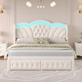 Keyluv Queen Bed Frame with LED Lights and 2 Storage Drawers, Velvet Upholstered Platform with 47" Tall Arc-Shaped Wingback Headboard and Button Tufted Design, No Box Spring Needed, Noise-Free, Beige
