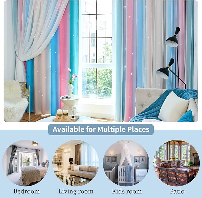 Star Blackout Curtains for Bedroom - Cute Kids Rainbow Curtains, 72 Inch Long 2 Panels, Beige, Blue & Pink