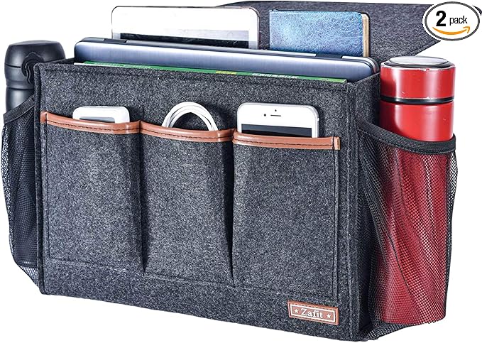 Bedside Caddy, Large Size Storage Organizer with 8 Pockets - Holds Magazines, Remotes, Phone (13.4'' x 18.1'', Dark Grey)