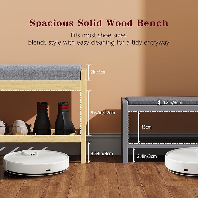 Shoe Bench Entryway, Solid Wood 2-Tier Shoe Rack Bench with Padded Seat, Shoe Organizer for Hallway Living Room, Mudrooms, Natural