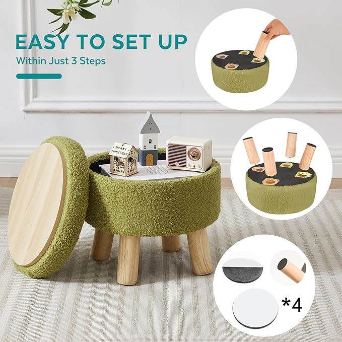 FIMIVIBI Small Foot Stool Ottoman with Storage, Sherpa Ottoman Foot Rest for Couch, Round Footstool with Storage, Small Ottomans and Footstools for Living Room and Entryway (Bright Green)