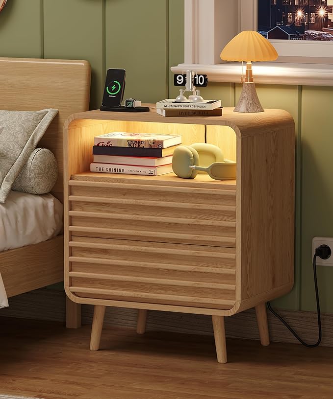 22.4"W Fluted Night Stand with 2 Drawers and Opening Shelf, RGB Nightstand with Charging Station, Wooden Bedside Table with Solid Wood Legs, End Table for Bedroom, Curved Profile Design, Natural Oak