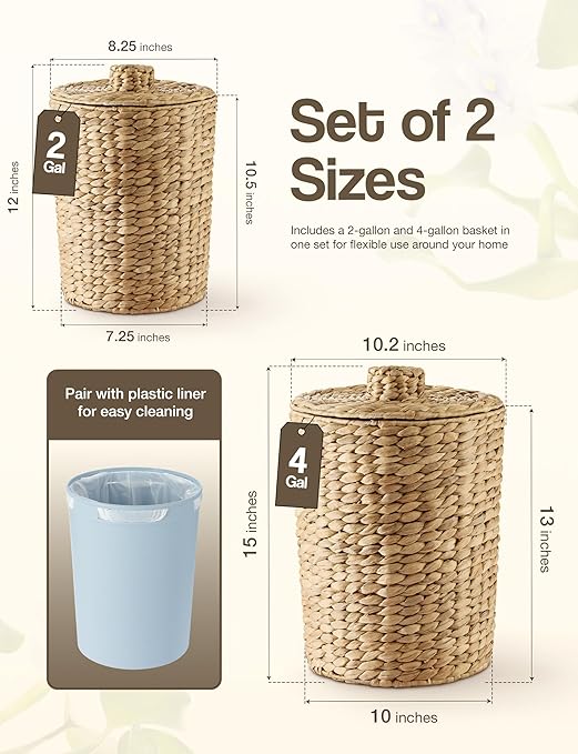 Set of 2 Wicker Trash Can with Lid - Water Hyacinth Wicker Waste Basket for Bathroom - Bathroom Garbage Can with a Lid - 2 Gallon & 4 Gallon Decorative Rattan Trash Can with Removable Liner