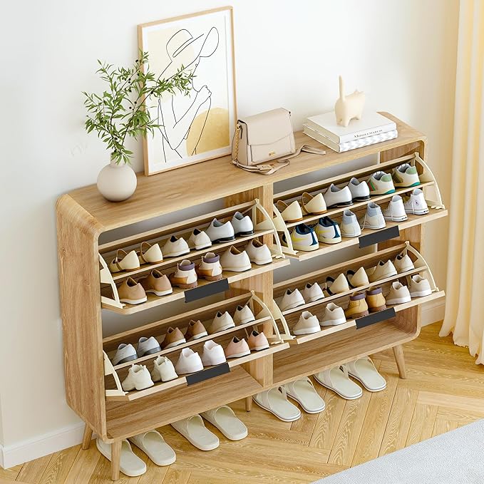 47" Fluted Large Shoe Cabinet with 4 Flip Drawers, Slim Freestanding Shoe Cabinet Organizer, Narrow Shoes Storage Rack for Entryway, 5 Sturdy Legs (All Natural, 9.45" D x 47.24" W x 35.83" H)