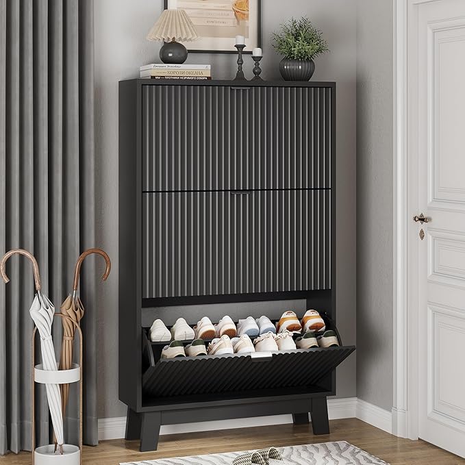 Shoe Cabinet with 3 Flip Drawers, 54" Tall Narrow Fluted Shoe Storage Organizer for Entryway, Hidden Slim Wooden Shoe Rack Cabinet for Front Door Entrance, Hallway, Living Room, Solid Black