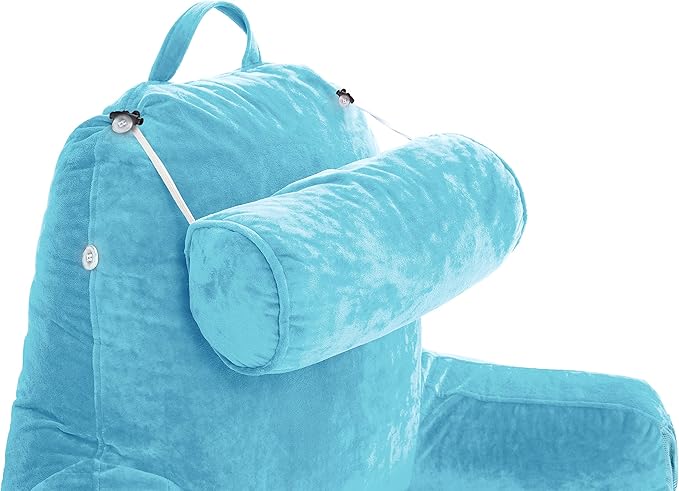 Husband Pillow Medium Carolina Blue, Backrest for Kids, Teens, Petite Adults - Reading Pillows with Arms, Adjustable Plush Memory Foam, Bed Rest Chair Sitting Up, Detach Neck Roll, Removable Cover