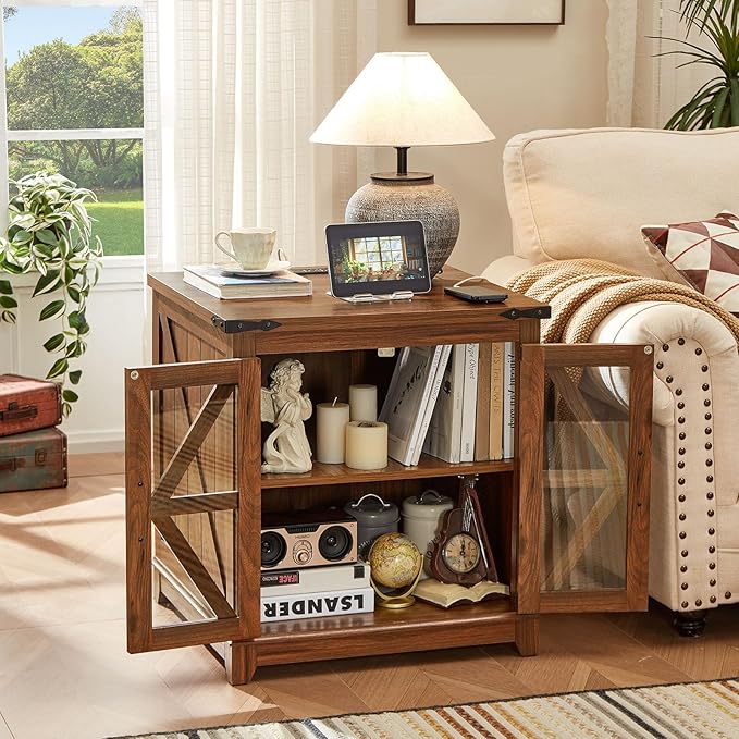 Farmhouse End Table Set 2, Narrow 18'' Night Stand with Glass Barn Door, 24" Square Side Table with Charger Station, Living Room Furniture Sets, Wood Nightstand Bedside Tables for Bedroom
