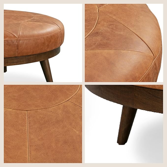 POLY & BARK Gio Ottoman – 30” Round with Feather-Down Topper – Full-Grain Leather Upholstery – Couch Ottoman for Living Room – Vintage Italian Leather in Cognac Tan
