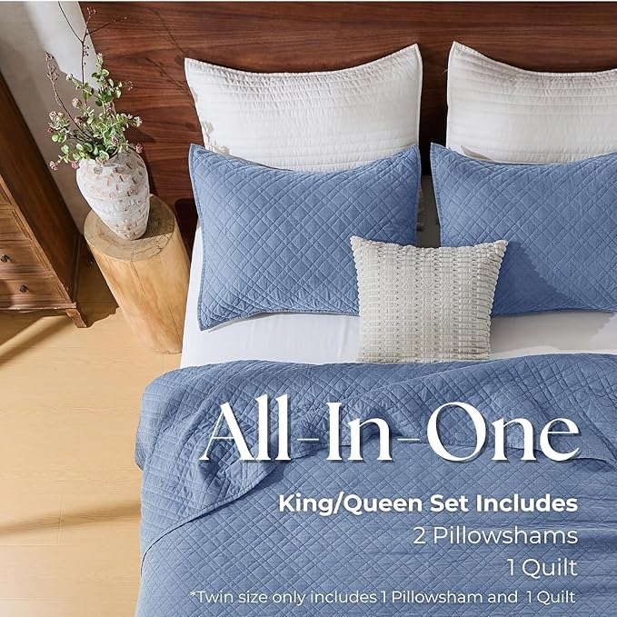 Cali King Quilt Set with Shams Lightweight Quilted Bedspread Coverlet Thin Comforter Bed Cover Vintage Washed Quilted Blanket for All Season, Brushed Microfiber Diamond Stitching, Blue, 111"x92"
