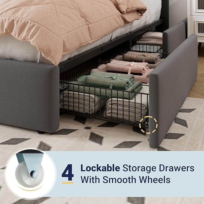 Allewie Full Size Storage Bed Frame, Vertical Channel Tufted Adjustable Headboard, Velvet Upholstered Platform Bed with 4 Oversized Underbed Drawers, Wooden Slats Support, No Box Spring Needed, Grey