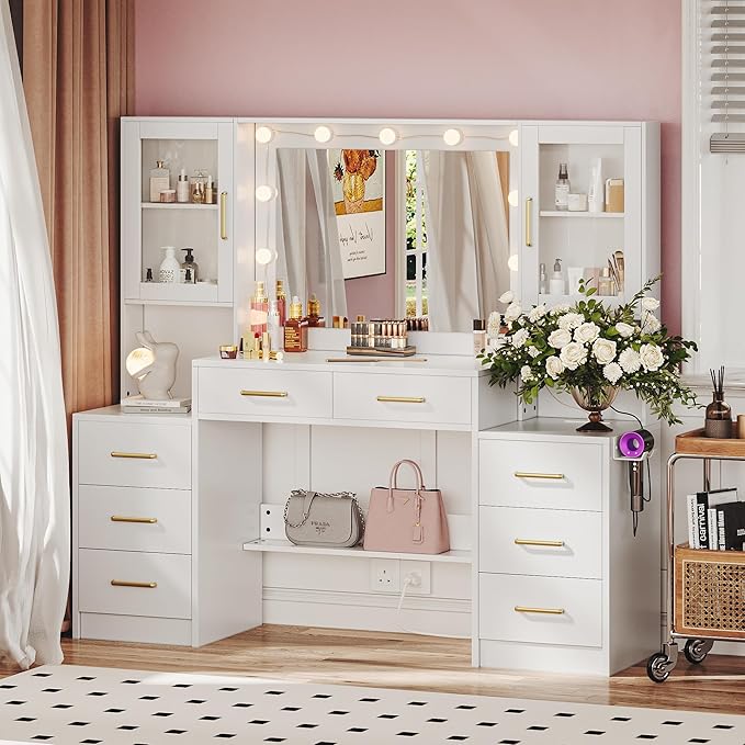 58.3”Vanity Desk with Mirror and Charging Station, Bedroom Dressing Table, Large Vanity Set, 8 Drawers and 2 Cabinets, Makeup Vanity Table with Charging Station, Without Lights