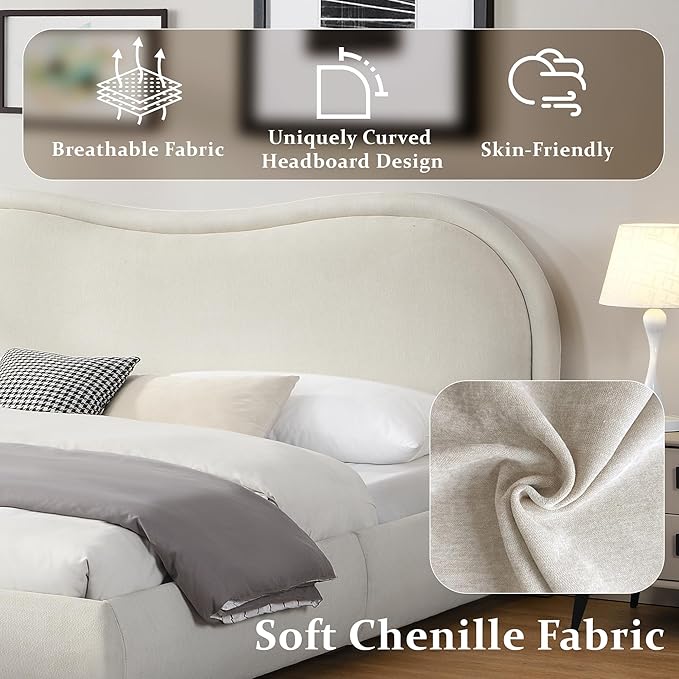 Queen Size Upholstered Platform Bed Frame, Modern Cloud Bedframe with Headboard, Low Profile Bed Floor Bed Frames with Soft Rounded Corners, No Box Spring Required, Easy Assembly, Chenille Cream