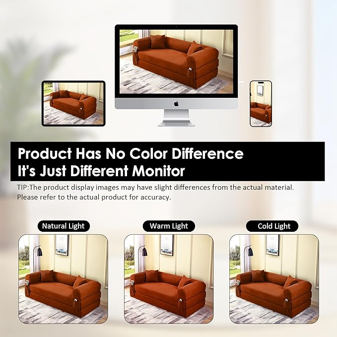 80" Convertible Sofa Bed, Corduroy Deep Seat Folding Pull Out Couch with Pillows, No Assembly Modern Boneless Couch Compression Sofa in Box, Floor Sofa with Storage Pocket for Living Room, Orange