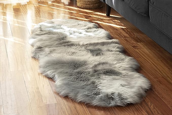 Silky Soft Faux Fur Rug, 2 ft. x 6 ft. Gray Fluffy Rug, Sheepskin Area Runner, Shaggy Carpet for Living Room, Bedroom, Kid's Room, or Nursery, Home Décor Accent, Machine Washable with Non-Slip Backing
