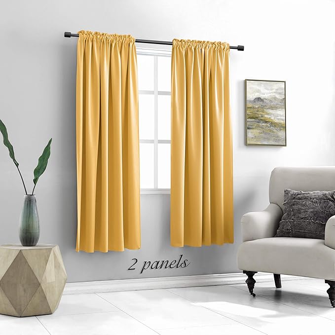 DONREN Gold Yellow Blackout Curtains for Kitchen - Room Darkening Curtain Drapes with Rod Pocket (52 Inch Width x 72 Inch Length,2 Panels)