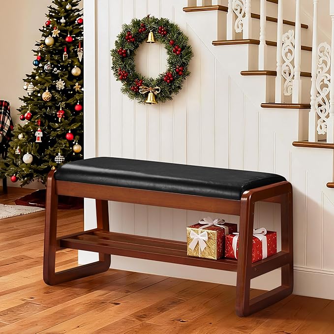 HABUTWAY Solid Wood Shoe Rack, Entryway Shoe Bench with Cushion, 2 Tier Shoes Organizer for Entryway, Hallway, Living Room-(Black,31.5"-M)