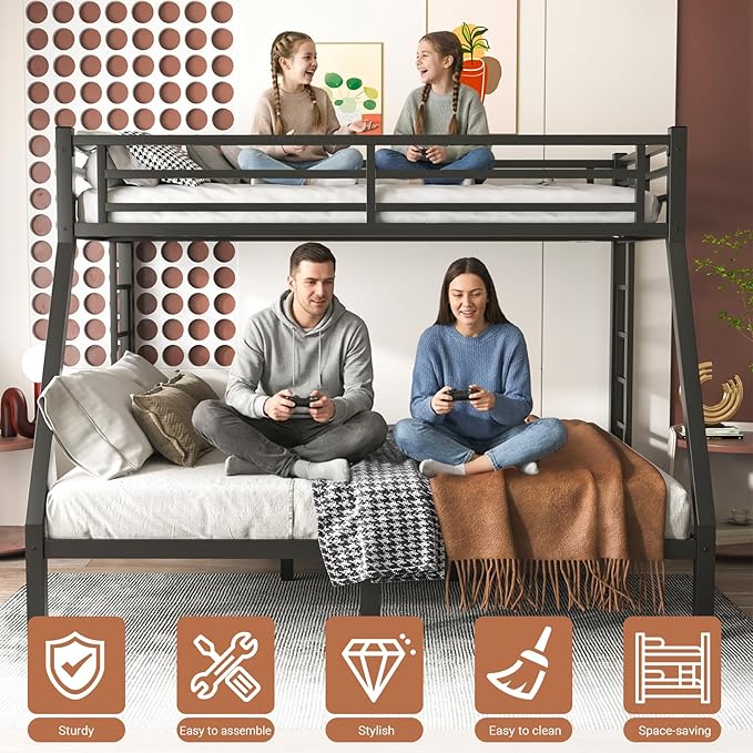 Twin XL Over Queen Bunk Bed Frame, Heavy Duty Metal Loft Bed for Adults/Teens, 350/600LB Capacity w/Ladder & Guardrail, Noise-Free Steel Slats, No Box Spring Required, Black