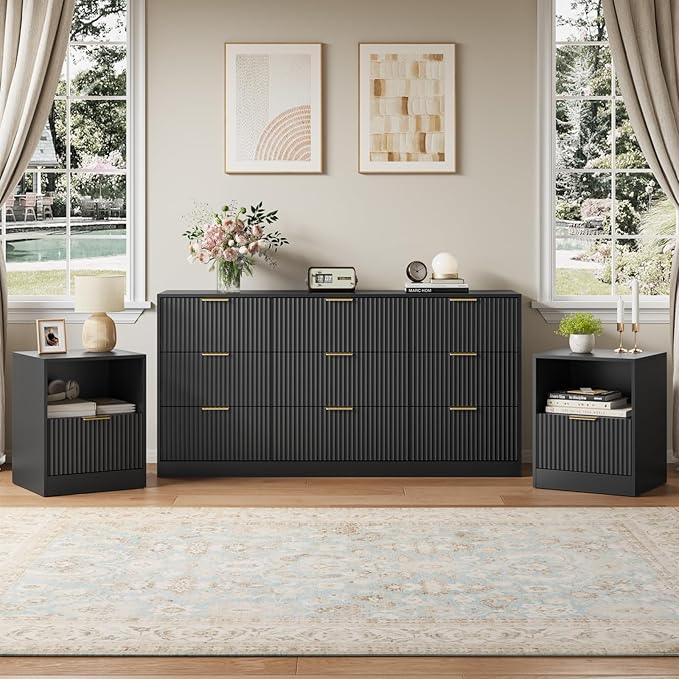 3-Piece Fluted Black Dresser and Nightstand Set, 63” Wide Bedroom Dresser Set Night Stand Set of 2 with Metal Handle, Modern Wood Chest of Drawers Storage Dressers Set for Bedroom, Black