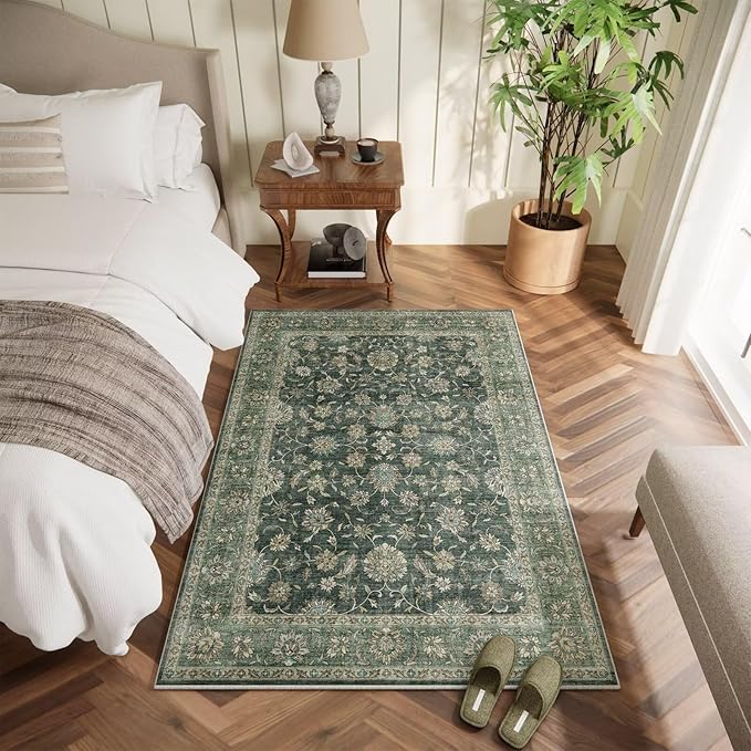Washable 4x6 Rugs for Living Room, Boho Non-Slip Vintage Distress Small Rugs for Bedroom Nursery Office, 0.3" Neutral Oriental Throw Thin Carpet with Cushioning Pad, Sage Green/Blue/Multi