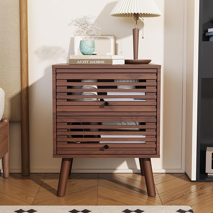 Nightstand, Side Table, End Table, Mid Century Modern Nightstand with Hollowed Drawers, Bedside Tables, Small Nightstands with Storage for Bedroom, Walnut