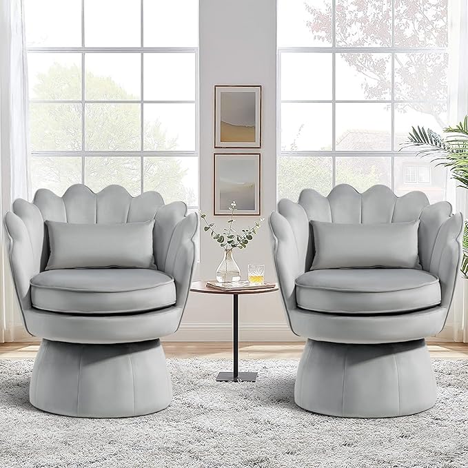 360° Swivel Accent Chairs Set of 2, Mid-Century Modern Velvet Barrel Chair, Comfy Shell Shape Chair with Lumbar Pillow for Living Room, Bedroom, Office, Grey
