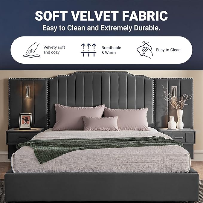 Luxury Queen Bed Frame with Headboard and Storage, Velvet Fabric Upholstered Platform Bed Frame Queen Size with LED Lights, Solid Frame & Bedside Table, No Box Spring Needed, Gray