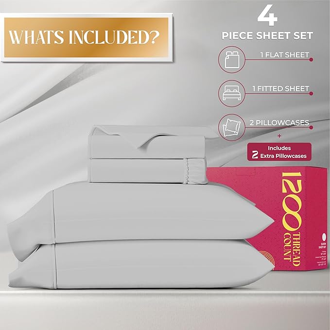 Mayfair Linen 100% Egyptian Cotton Queen Sheet set - Luxury 1200 High Thread Count Egyptian Cotton Sheets Queen Size (4 PC, Light Grey), Silky Soft, Cooling, 17" Deep Pocket Sateen Weave Hotel Bedding