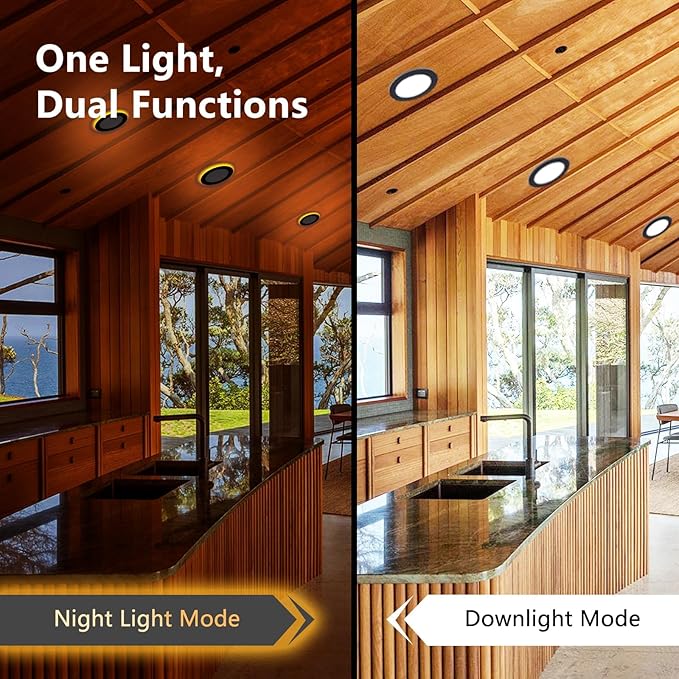 CycevSun 24 Pack Black Recessed Lights 6 Inch with Night Light, Canless Ultra Thin Wafer Downlight Indoor Outdoor Exterior Soffit, Dimmable & 5 Color Selectable, 12W, ETL Listed