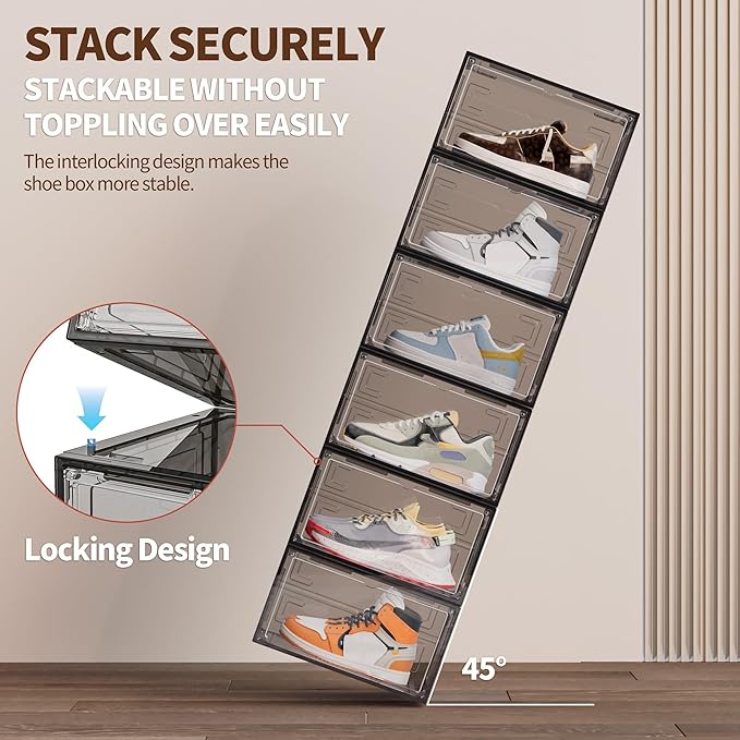 12 Pack XX Large Shoe Organizer, Heavy-Duty Hard Thicken Plastic Clear Stackable Shoe Storage Box Organizer for Closet, Space-Saving Shoe Rack Display Case Bin Containers for Sneakers, Grey
