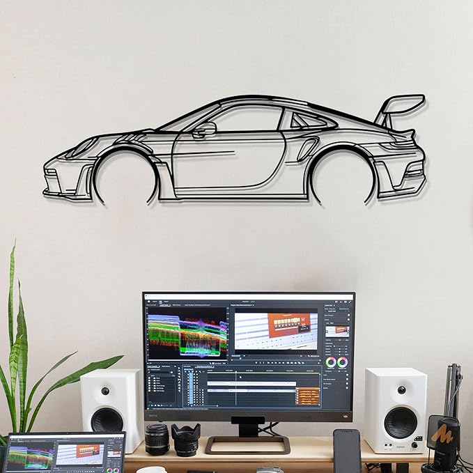 Dekory Car Wall Art – 911 GT3 RS (992) Black Metal Sports Car Silhouette, Modern Industrial Automotive Wall Decor for Garage, Living Room or Bedroom – 56 Inch (XXL)