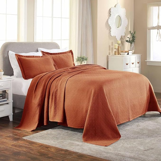 Superior 100% Cotton Basket Weave Bedspread with Shams, All-Season Premium Cotton Matelasse Jacquard Bedding, Quilted-Look Geometric Basket, Queen, Mandarin