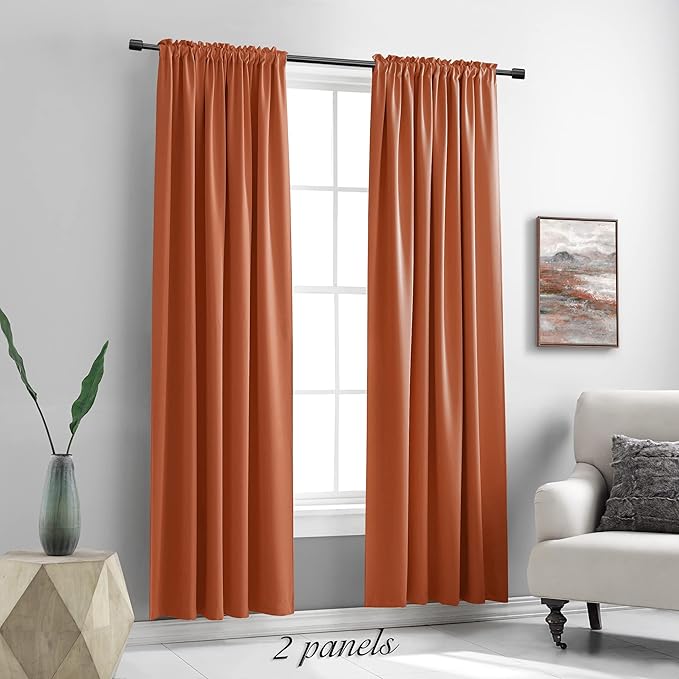 DONREN Burnt Orange Ochre Blackout Curtains for Bedroom 84 Inches Long Thermal Insulated Window Curtain for Living Room, Energy Efficicent Rod Pocket Window Treatment Decorative Panel