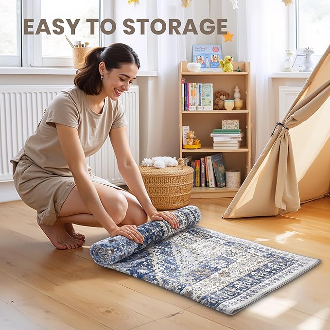 zesthome Washable Runner Rug 2.5x10 - Stain Resistant Entryway Rug,Ultra-Thin Kitchen Rugs, Anti Slip Backing Runner Rugs for Entrance Laundry Room Indoor Hallway (Blue/Beige,2.5'x10')