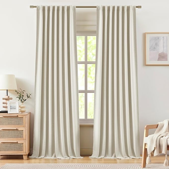 Vision Home Natural Linen Full Blackout Curtains 108 inch for Bedroom Living Room Darkening Soundproof Window Panels 9FT Thermal Insulated Rod Pocket Back Tab Farmhouse Drapes 56" Wx108 Lx2